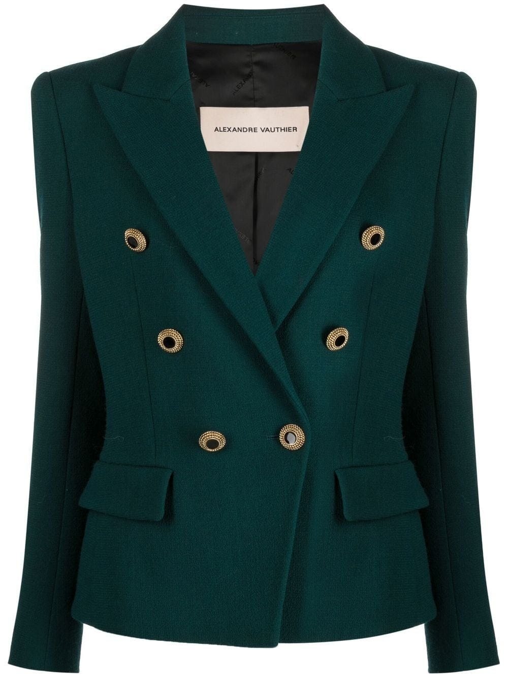 ALEXANDRE VAUTHIER GREEN DOUBLE-BREASTED TWEED BLAZER WITH JEWELED BUTTONS
