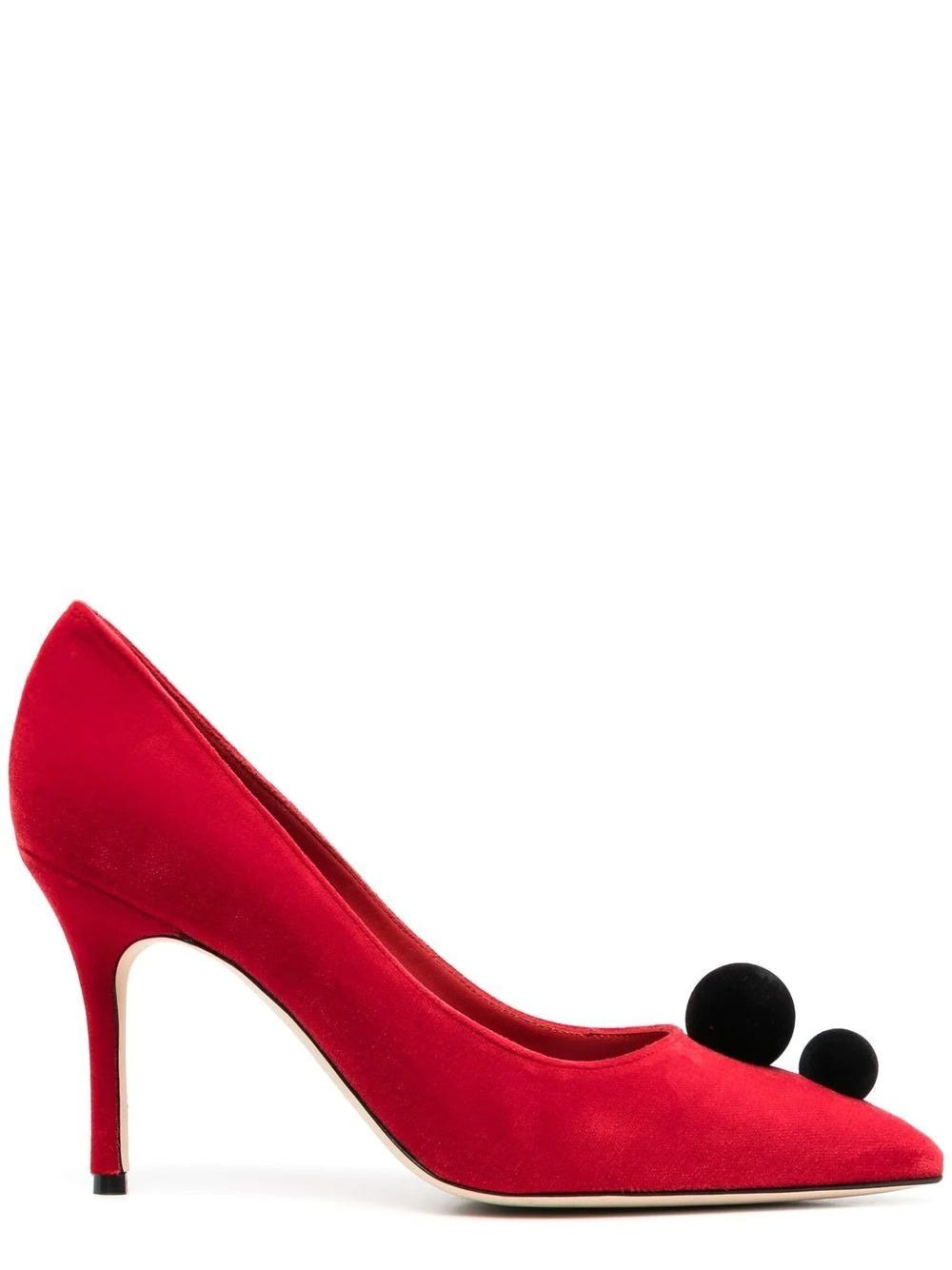 MANOLO BLAHNIK RED PIERA PUMPS EMBELLISHED WITH POMPOMS