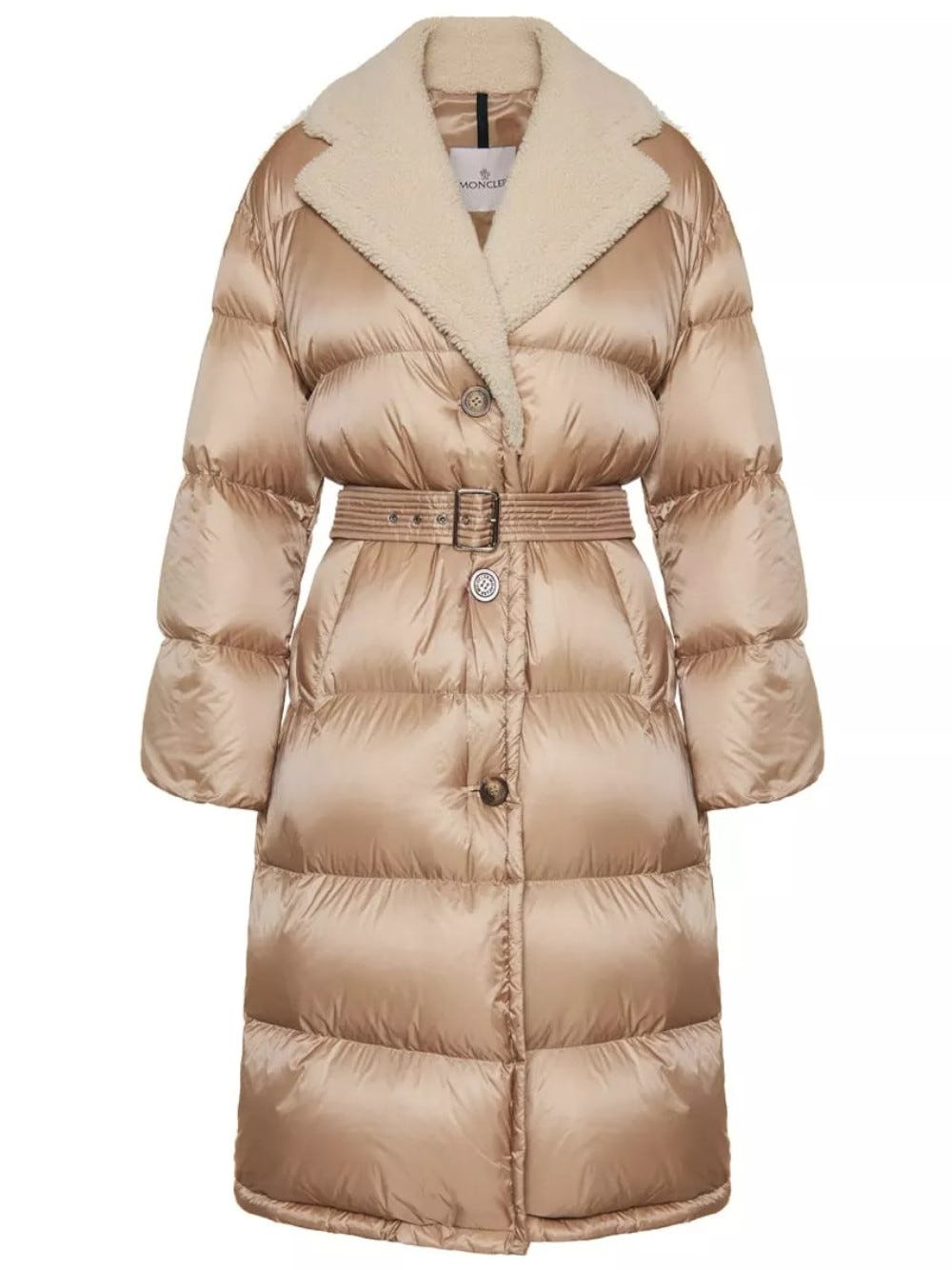 MONCLER BEIGE GOURGUET LONG DOWN JACKET WITH SHEARLING LAPELS