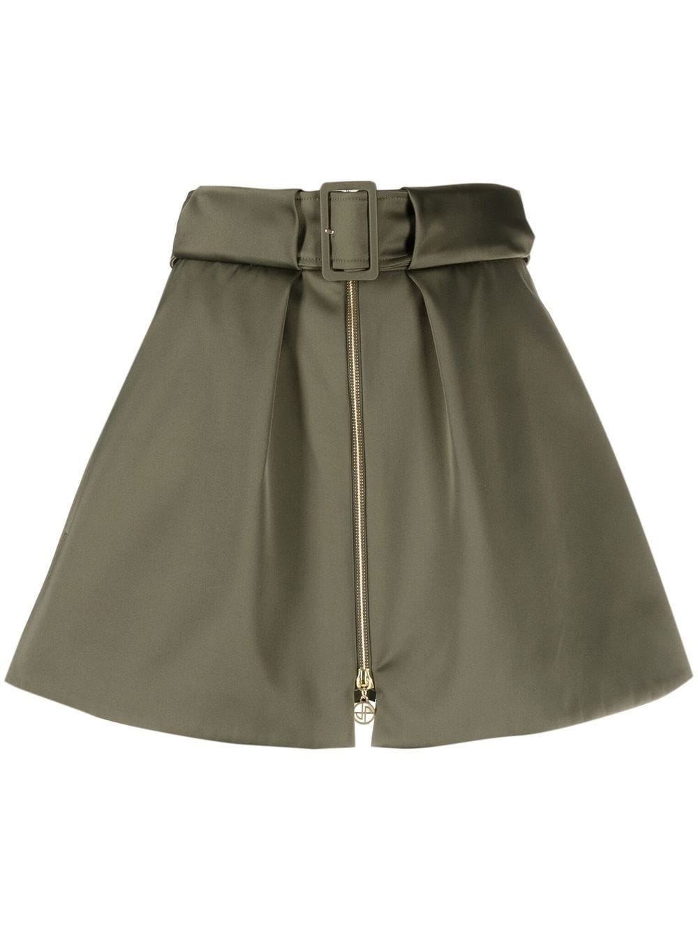 PATOU GREEN FLARED MINI SKIRT WITH BELT AND ZIPPER