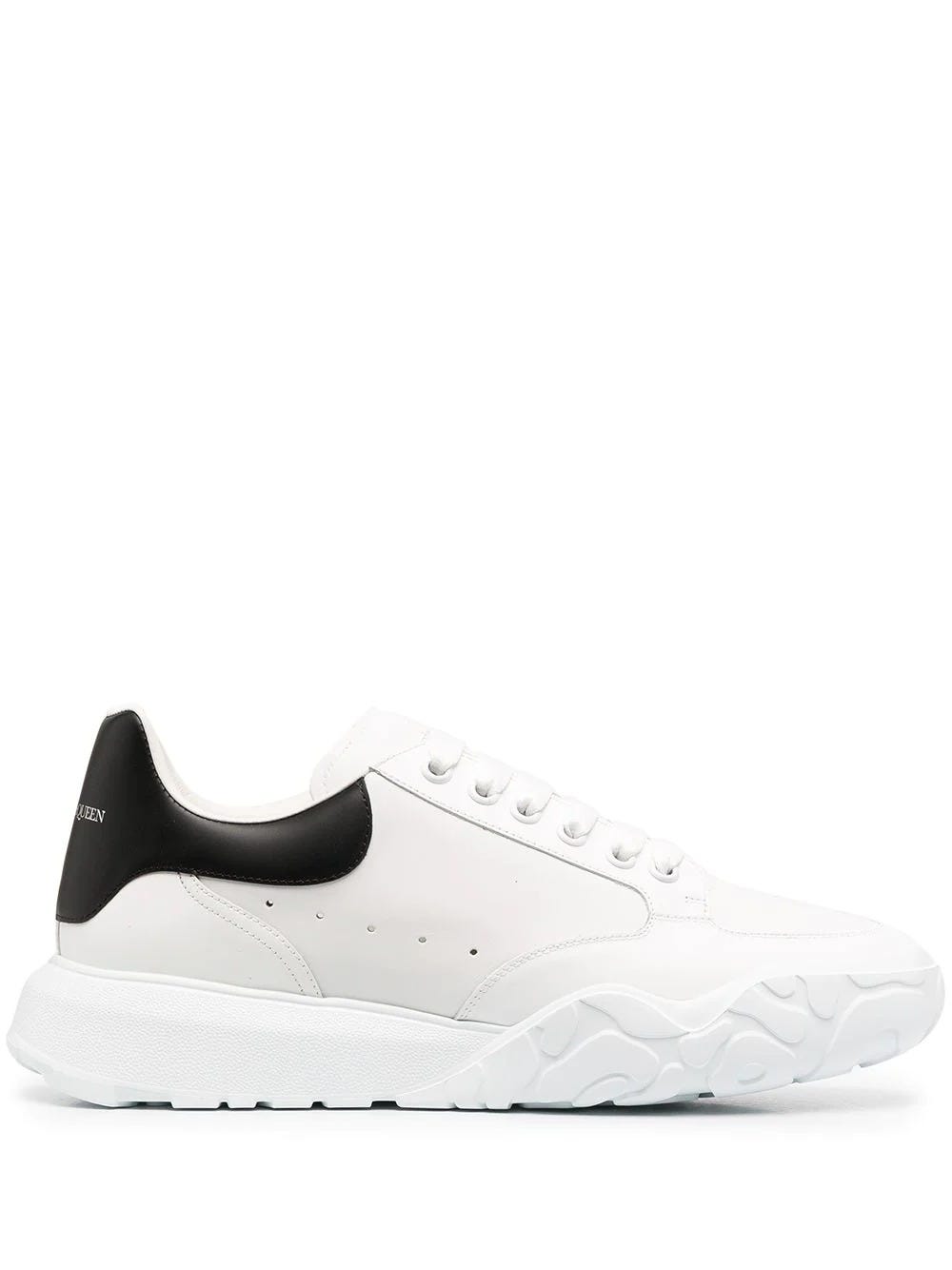 Alexander Mcqueen White Chunky Court Trainers With Black Heel