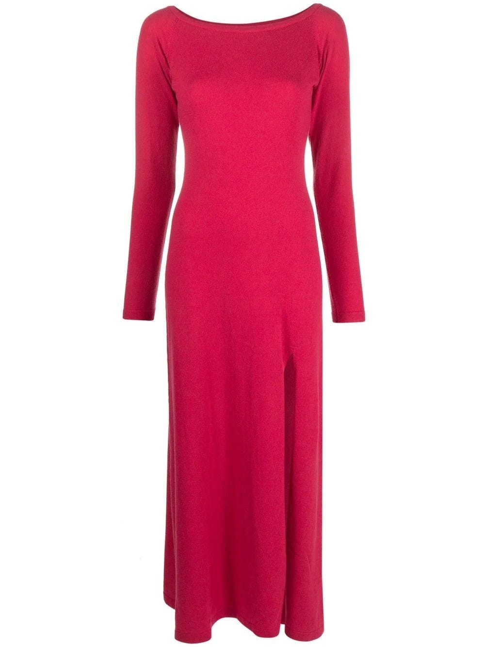 CANESSA FUCHSIA LONG DRESS IN CREW-NECK KNIT WITH SLIT
