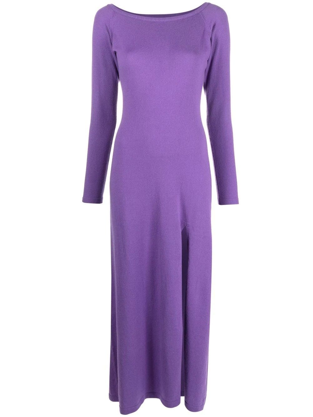 CANESSA PURPLE LONG DRESS IN CREW-NECK KNIT WITH SLIT