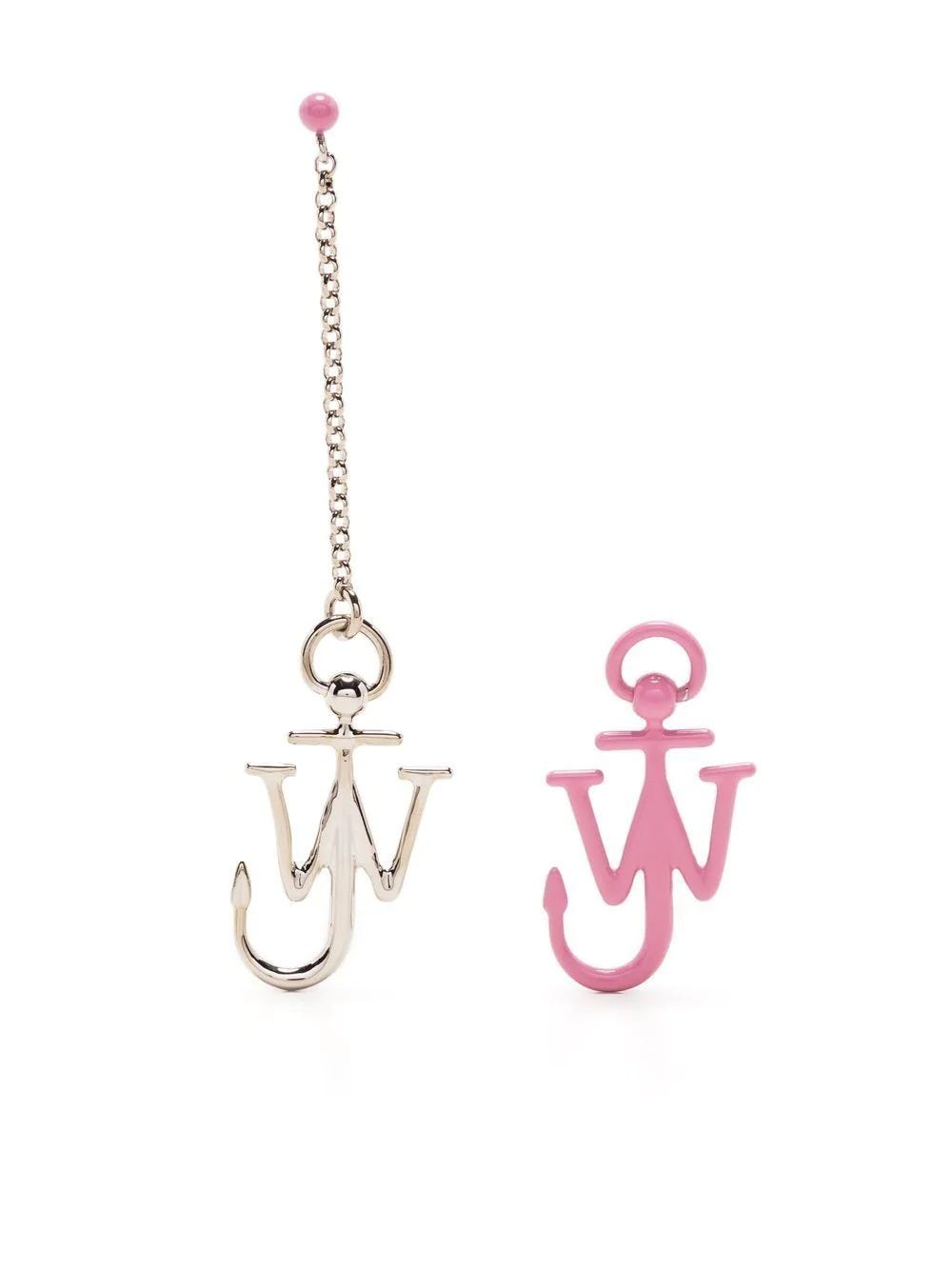 JW ANDERSON ASYMMETRICAL SILVER AND PINK ANCHOR EARRINGS
