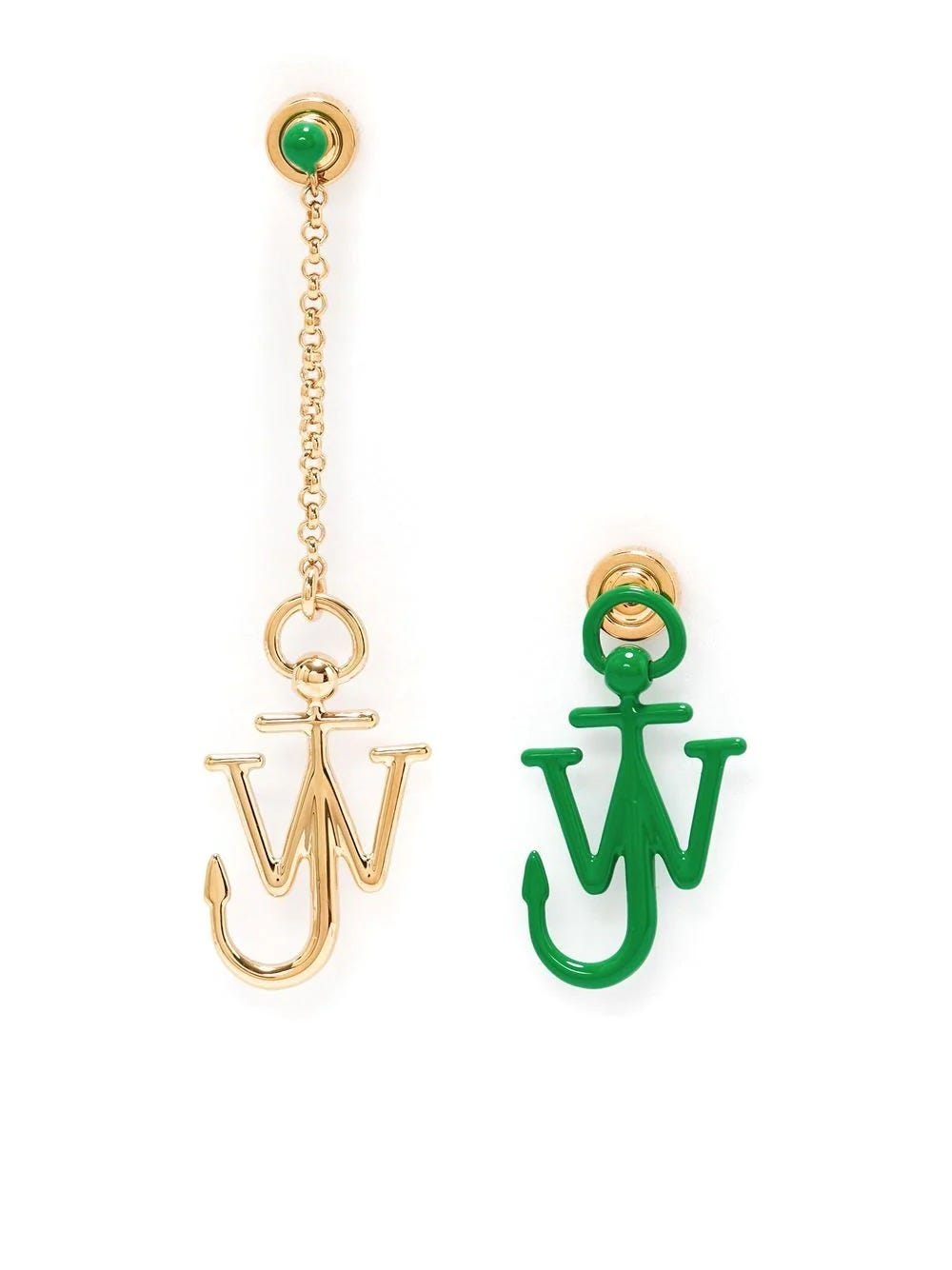 JW ANDERSON GOLD AND GREEN ASYMMETRICAL ANCHOR EARRINGS