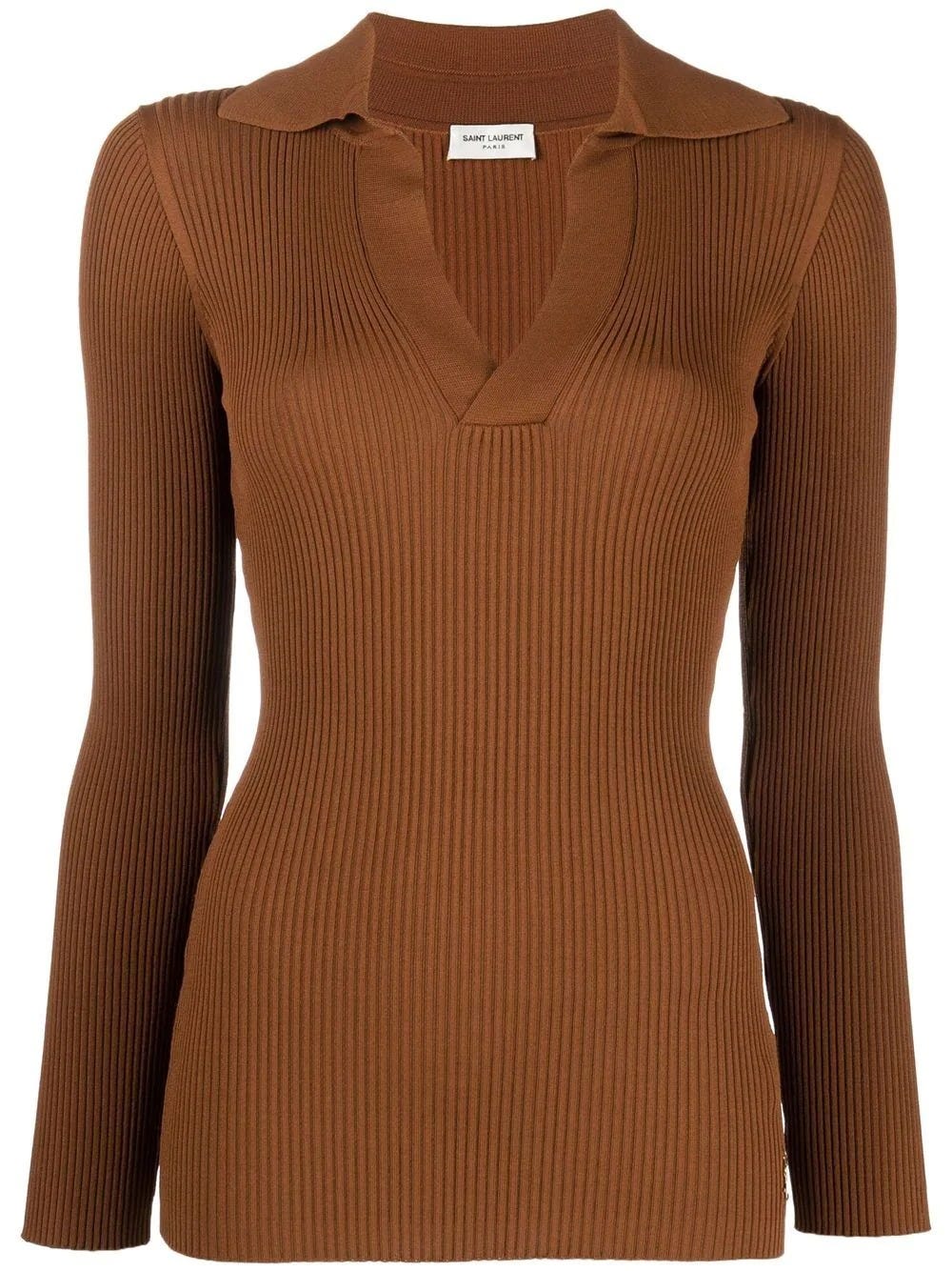 SAINT LAURENT BROWN SWEATER WITH V-NECK AND COLLAR