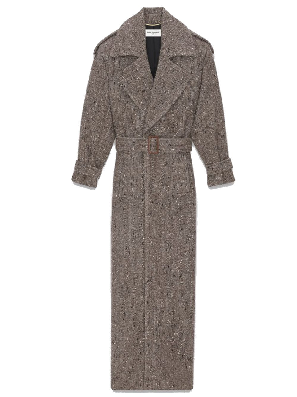 Saint Laurent Belted Herringbone Wool-blend Coat In Brown | ModeSens