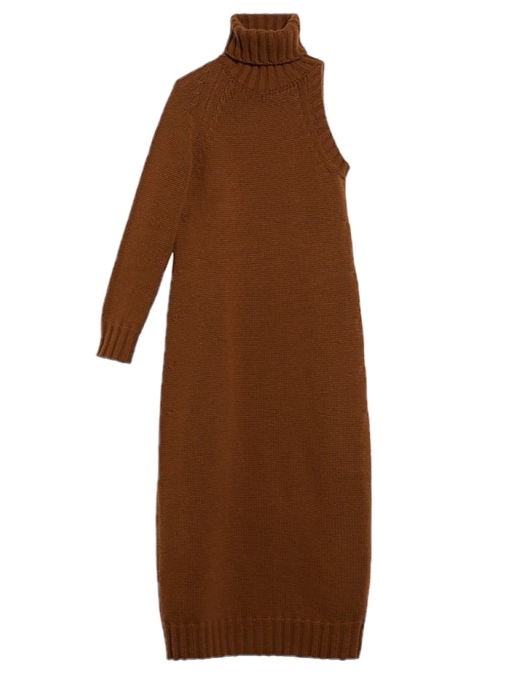 MAX MARA BROWN WOOL AND CASHMERE ONE-SHOULDER DRESS