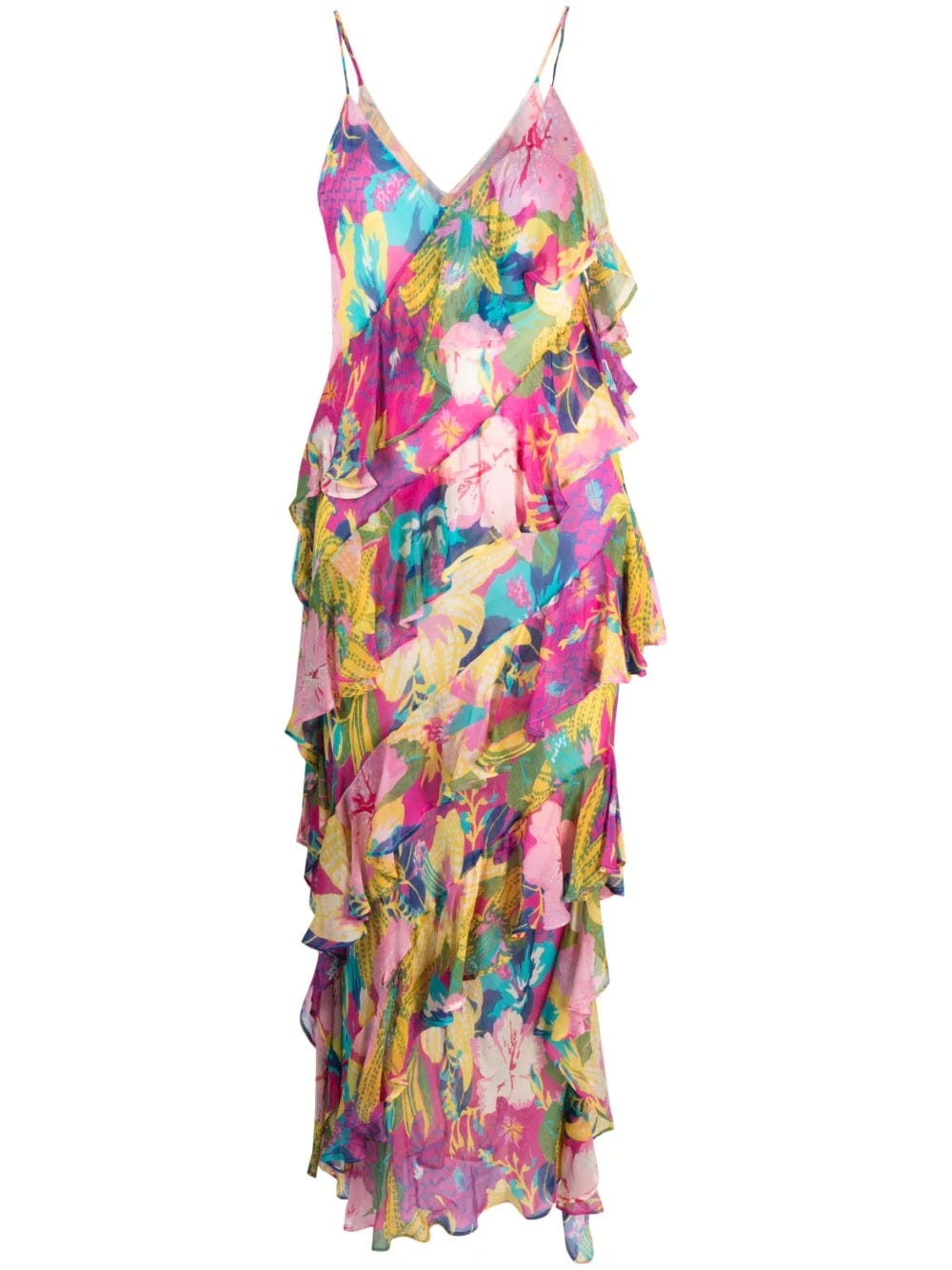 MSGM MULTICOLORED FLORAL LONG DRESS WITH RUFFLES