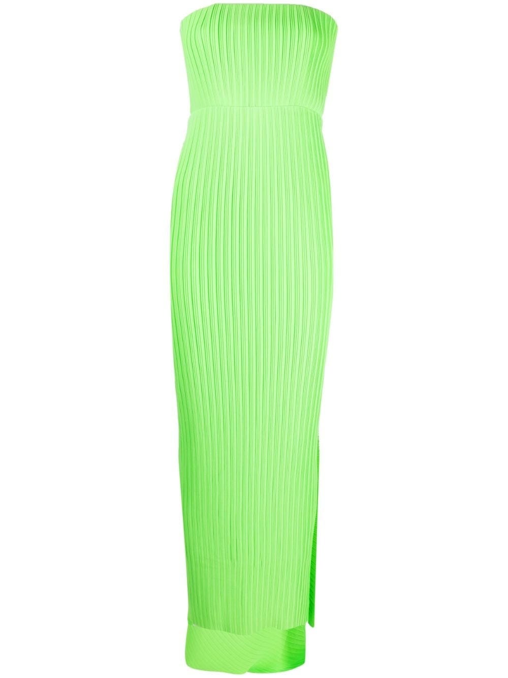 SOLACE LONDON GREEN STRAPLESS LONG DRESS WITH PLEATS