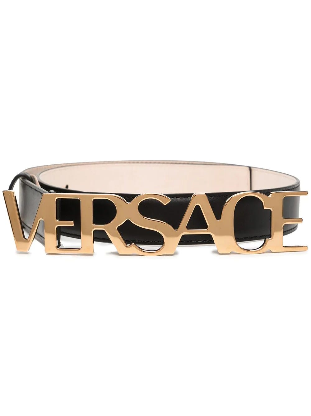 VERSACE BLACK LEATHER BELT WITH GOLD LOGO PLAQUE