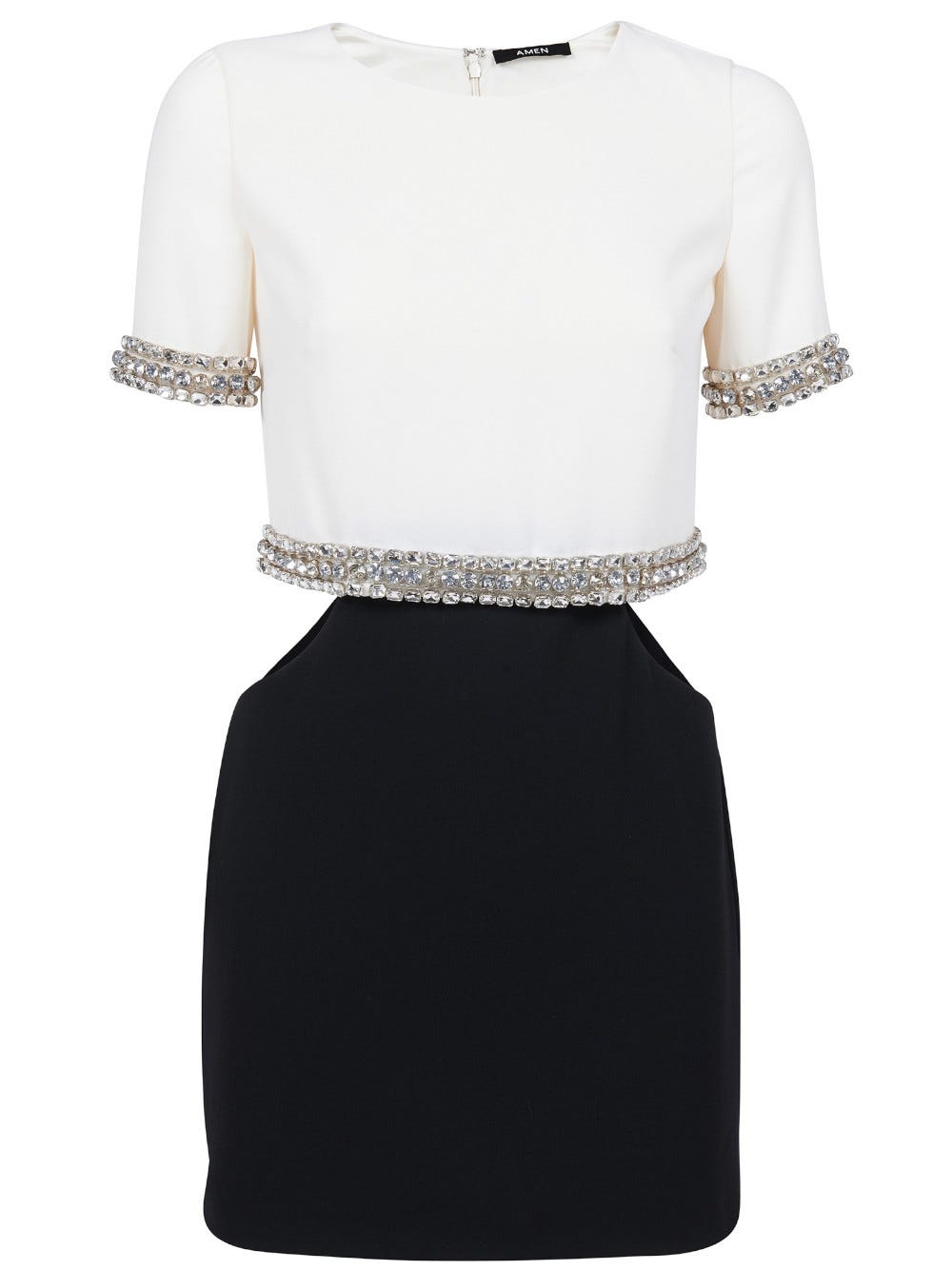 AMEN BLACK AND WHITE SHORT DRESS WITH CUT-OUT AND JEWEL DETAILING