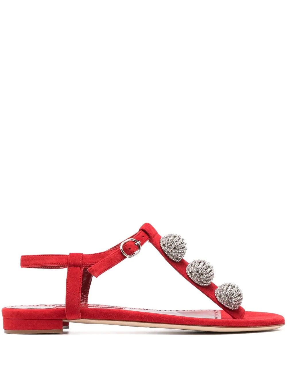 MANOLO BLAHNIK RED LOW SANDALS WITH JEWEL DECORATION