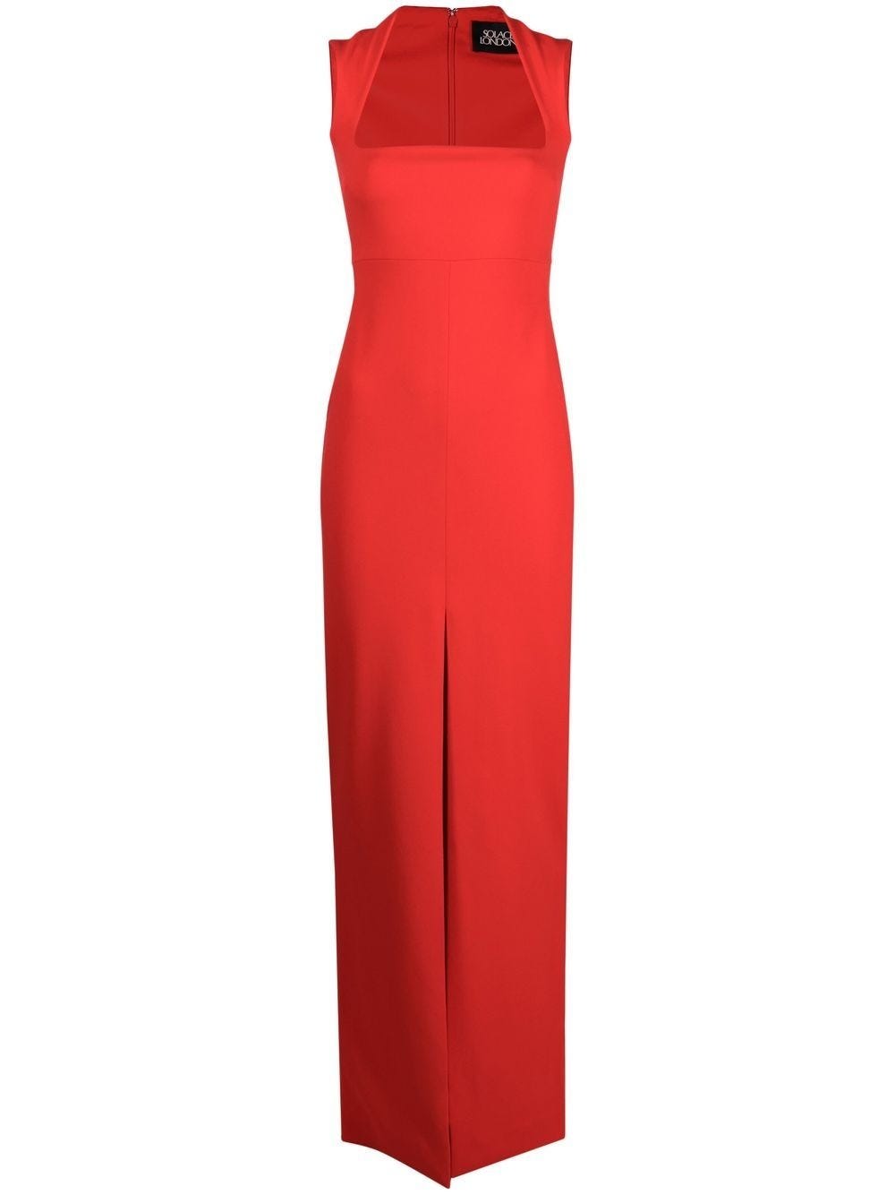 SOLACE LONDON SOFIA RED LONG DRESS WITH SQUARE NECKLINE