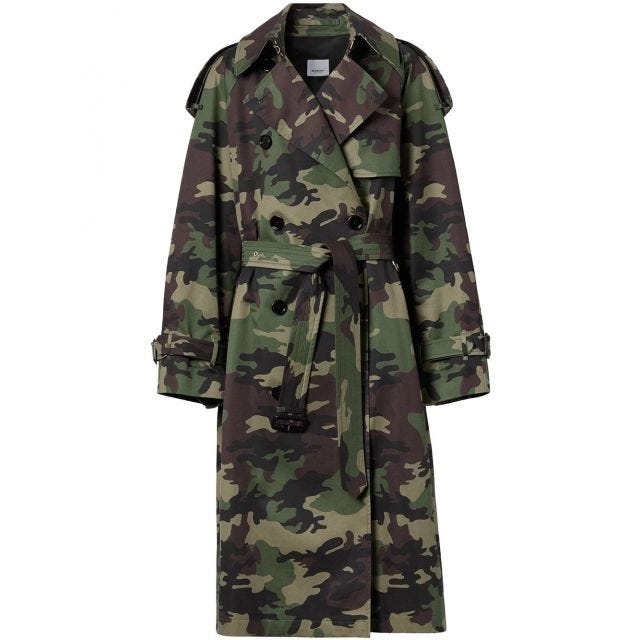 Camouflage-print trench coat