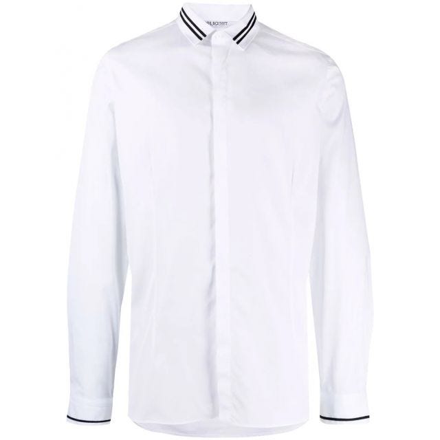 White varsity shirt with striped collar