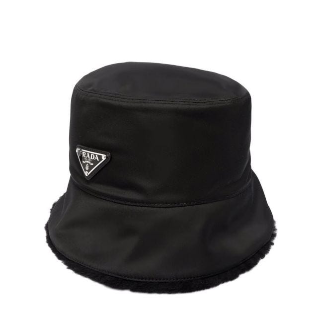 Black nylon and shearling bucket hat - Prada