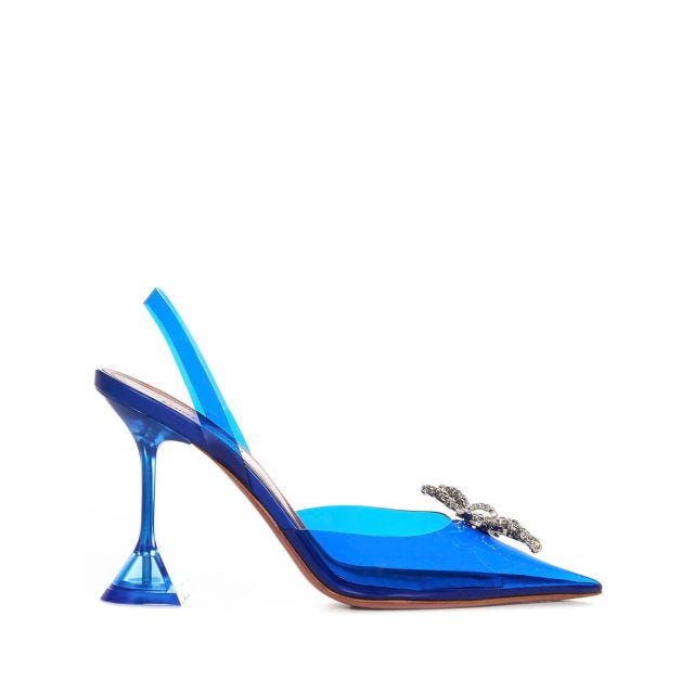 Electric blue PVC Rosie glass slingbacks with crystal bow