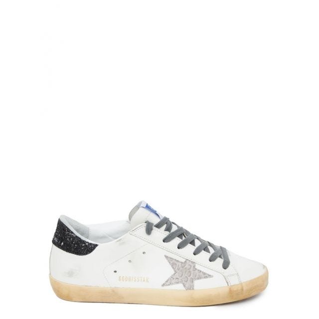 White Super Star Sneakers with contrasting black glitter heel