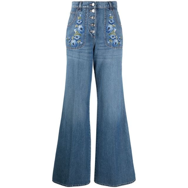 Flower-embroidered high-rise wide-leg jeans