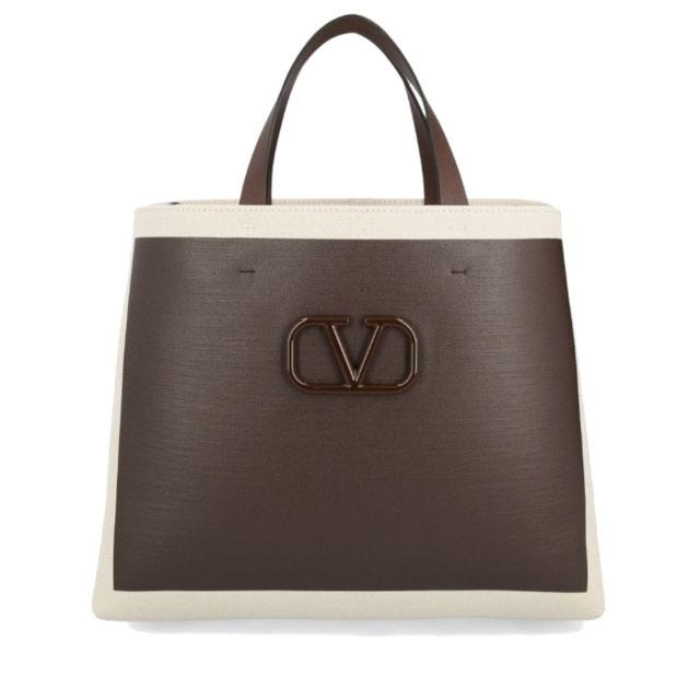 V Logo Signature Leather And Raffia Tote Bag in Beige - Valentino Garavani