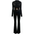 Black stretch velour one-piece jumpsuit with hood