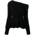 Black long-sleeved ribbed sweater with ruffles