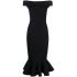 Black midi dress with open shoulders and ruffles