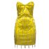 Short yellow satin dress with jeweled pendants
