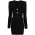 Black ribbed short dress with V-neck and long sleeves