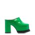 Glossy green mules with wide heel and platform