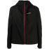 Black jacket with logo print on chest and red front zip