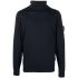 Blue rolled turtleneck sweater with compass logo patch