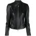 Black leather collarless jacket