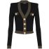 Black knit cardigan with buttons and gold trim