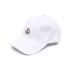 White baseball cap with logo and multi-coloured back buckle
