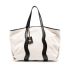 Beige tote bag with logo plaque and black leather trim
