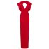 Red long evening dress with V-neck and cut out back
