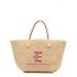 Beige straw tote Bag with pink monogram