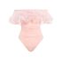 Pink one-piece swimsuit with ruffles and bare shoulders