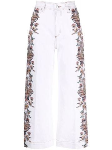 Paisley embroidered white cropped Jeans