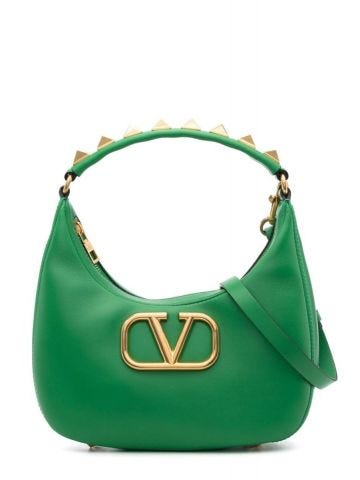 Green shoulder bag with logo and gold metal studs