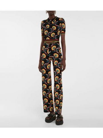 Floral jacquard knit black flared Trousers