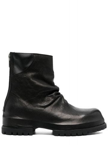 Black ruched leather ankle boots