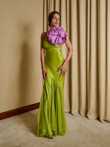 Zahra green silk long dress with applied flower