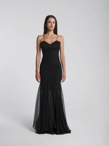 Ines black silk long dress