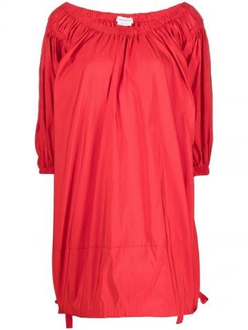 Red ruched-detail puff-sleeves dress