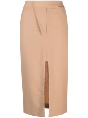 Beige front-slit wool pencil skirt