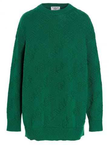 Green cotton sweater with logo intarsia