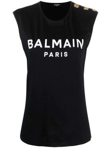 Black cotton T-shirt with white Balmain logo print